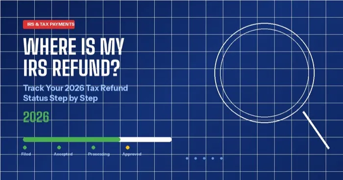 Person checking IRS refund status on laptop showing Where is My Refund tool for 2026 tax season