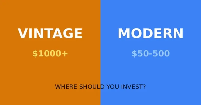 Comparison guide showing vintage baseball cards versus modern Topps cards with value differences